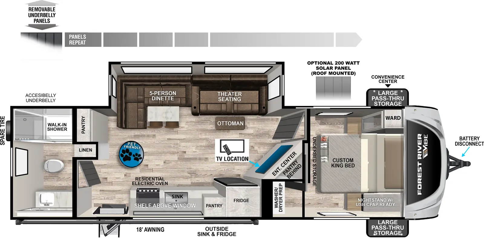 The Vibe 2600RB floorplan has one entry and one slide out. Exterior features include: fiberglass exterior and 18' awning. Interiors features include: front bedroom and rear bathroom.